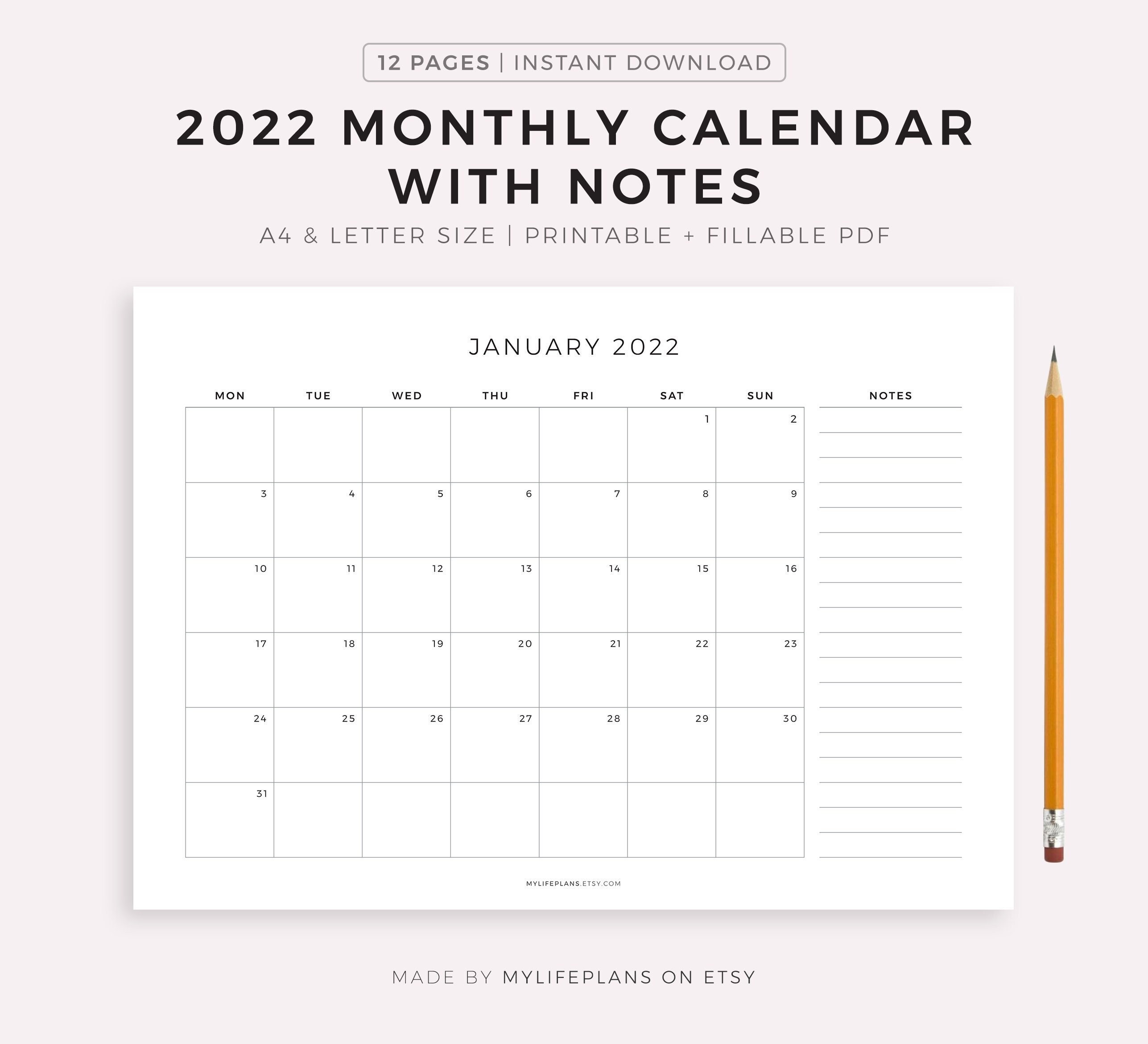 Calendar Template Minimalist Calendar US Letter 2022 Calendar Blank