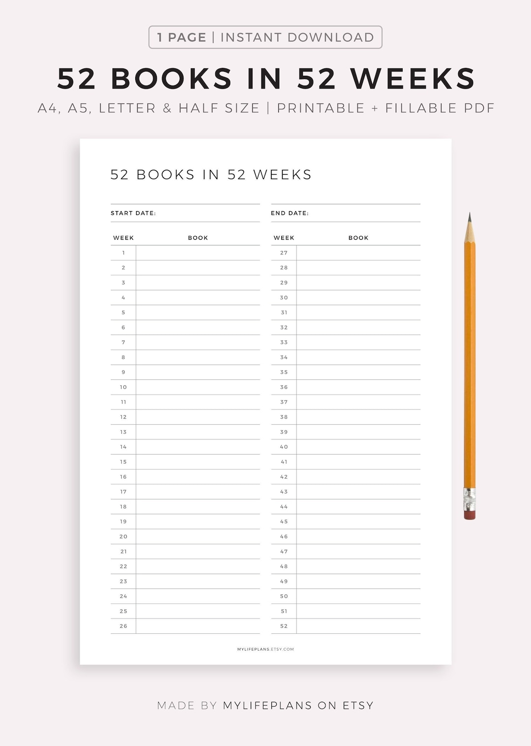 Read 52 Books in 52 Weeks Challenge, Book Reading Tracker, Books to Read List, Book Journal, A4