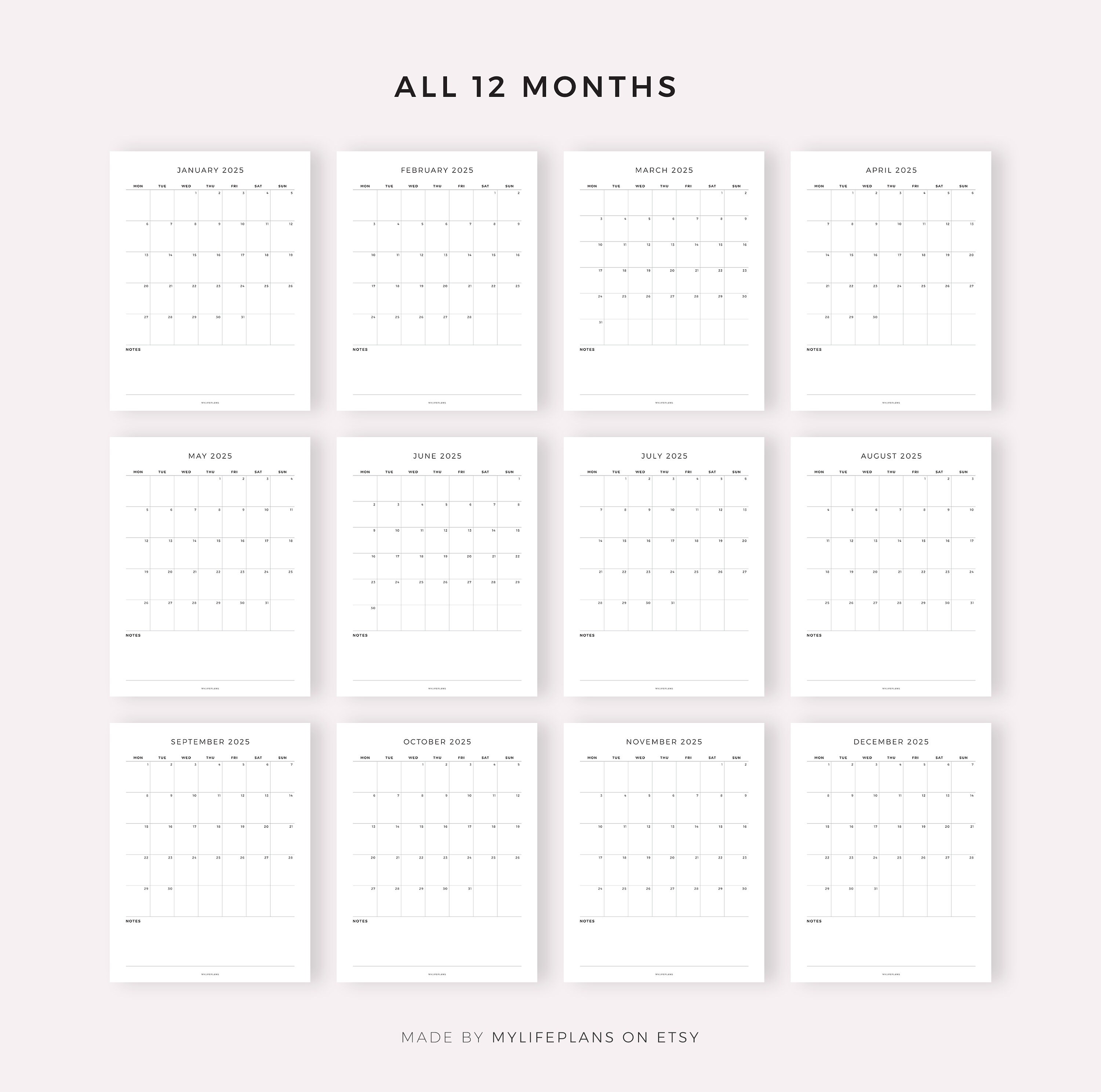 2025 Monthly Calendar With Notes, Digital Calendar, Year Calendar ...