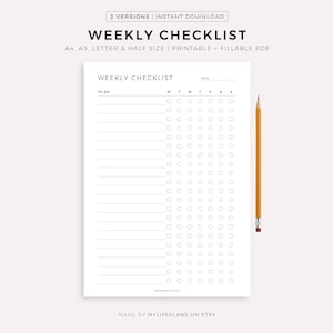 Weekly Checklist Printable & Fillable, Weekly To Do List Template, Task List, Planner Inserts, A4/A5/Letter/Half, Instant Download PDF