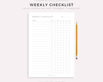 Weekly Checklist Printable & Fillable, Weekly To Do List Template, Task List, Planner Inserts, A4/A5/Letter/Half, Instant Download PDF