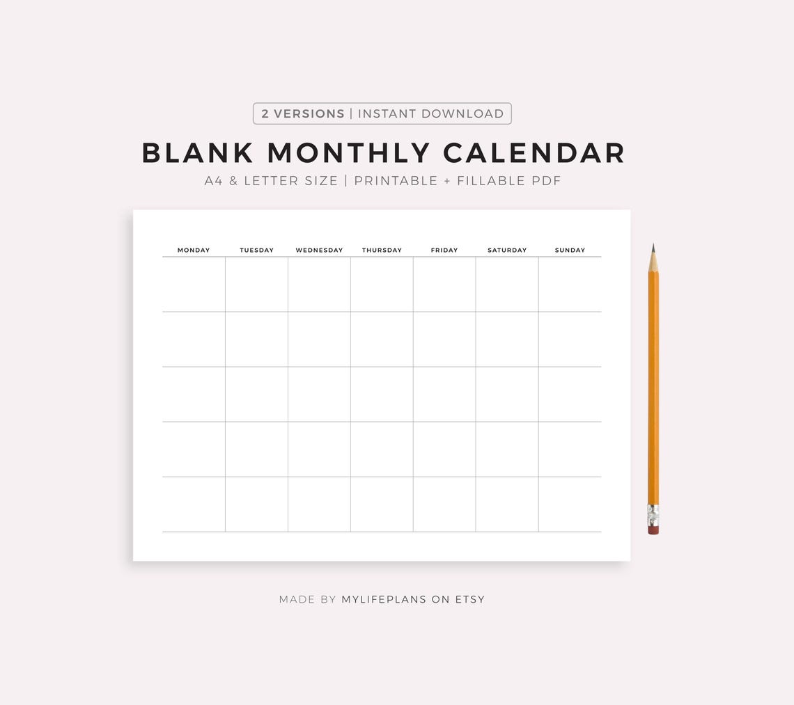 Blank Monthly Calendar Printable Landscape, Minimalist Calendar ...