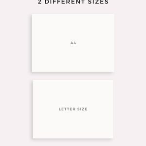 K&ouml;nnte beinhalten: Zwei wei&szlig;e rechteckige Papiere, eines mit der Aufschrift "A4" und das andere mit "LETTER SIZE", werden vor einem weichen rosa Hintergrund gezeigt. Der Text "2 DIFFERENT SIZES" steht oben und "MADE BY MYLIFEPLANS ON ETSY" unten.