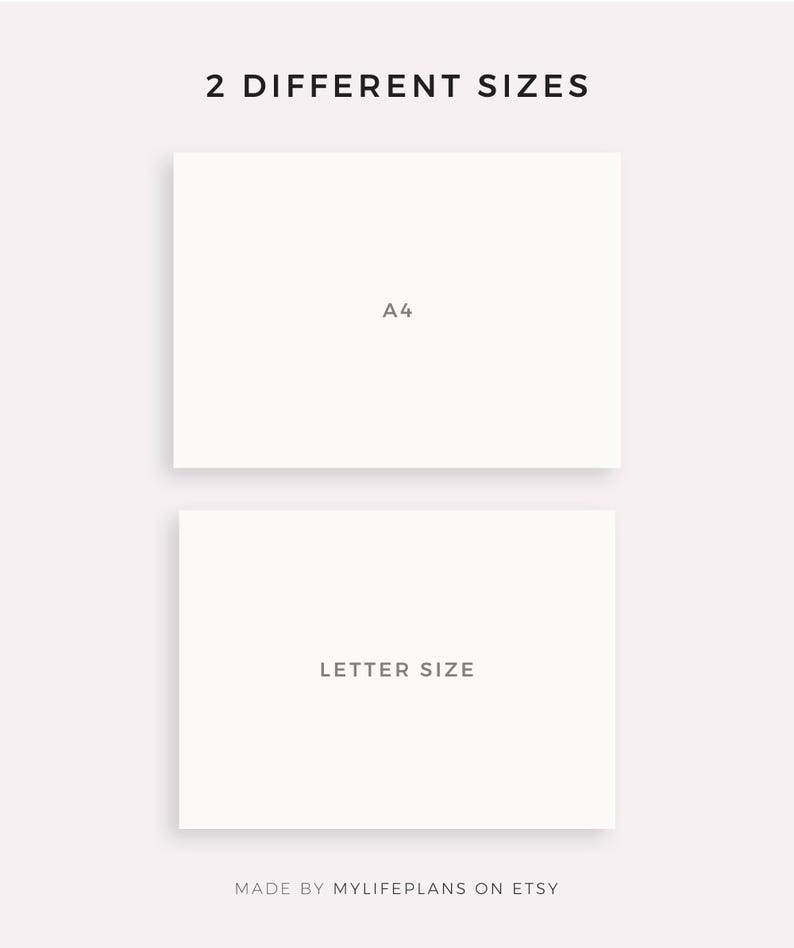 K&ouml;nnte beinhalten: Zwei wei&szlig;e rechteckige Papiere, eines mit der Aufschrift "A4" und das andere mit "LETTER SIZE", werden vor einem weichen rosa Hintergrund gezeigt. Der Text "2 DIFFERENT SIZES" steht oben und "MADE BY MYLIFEPLANS ON ETSY" unten.