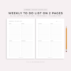 Printable Weekly To Do List on Two Pages, Weekly Task List, Weekly Planner, A4/A5/Letter/Half, Instant Download PDF