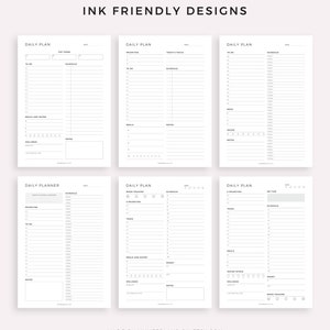 May include: Six printable daily planner pages with different layouts. Each page has sections for to-do lists, priorities, schedules, mood trackers, meals, water intake, and wellness. The pages are designed to be ink-friendly.