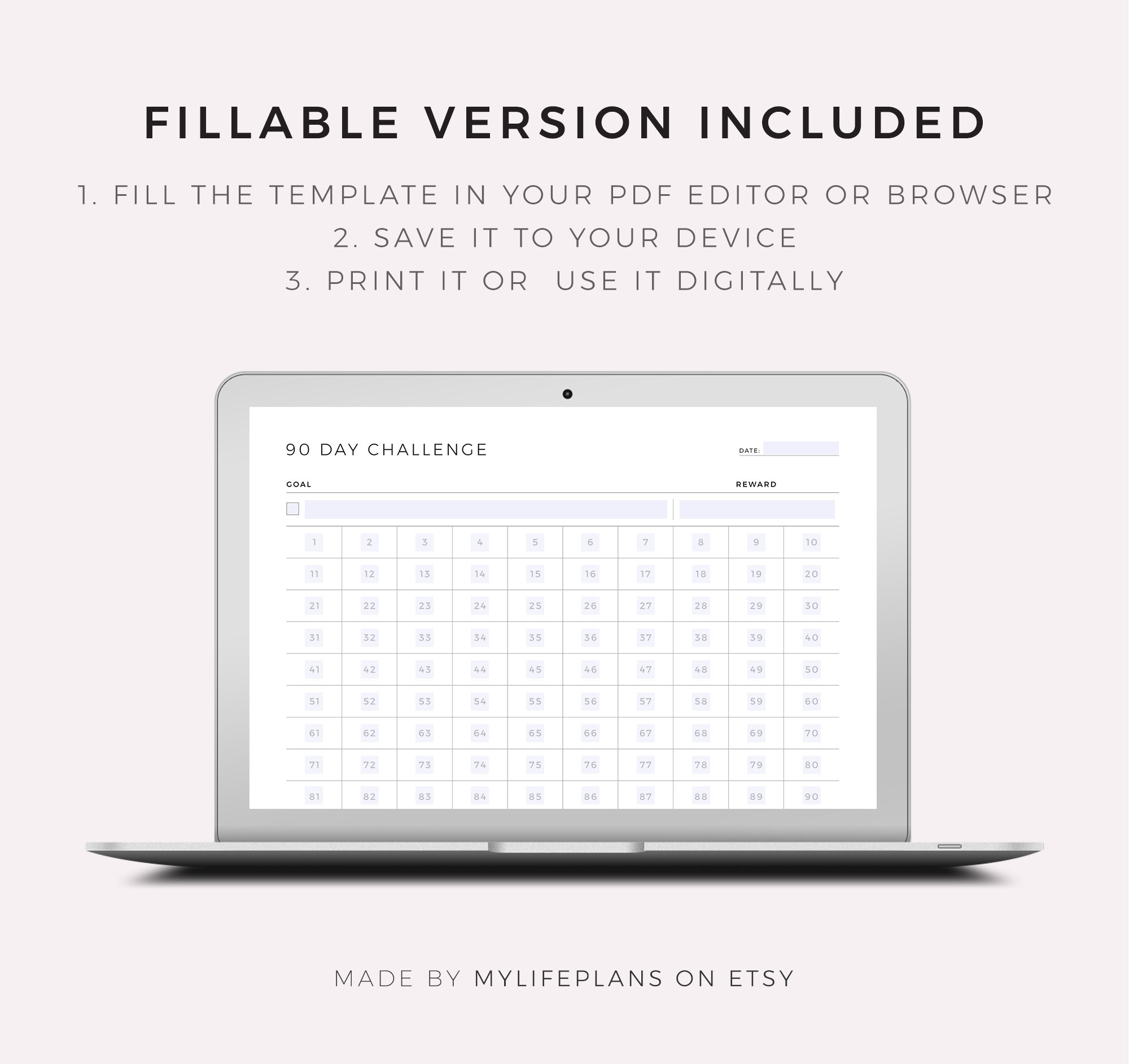 90 Day Challenge Printable Landscape, Goal Setting, Progress Tracker ...