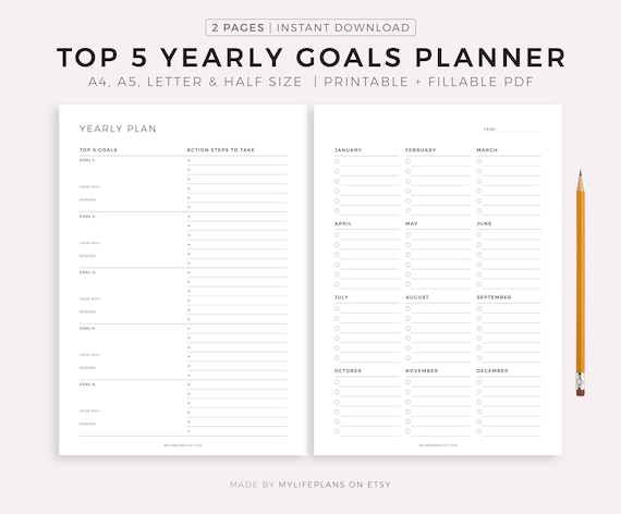 Top 5 Yearly Goals Planner Goal Setting Goal Planning - Etsy