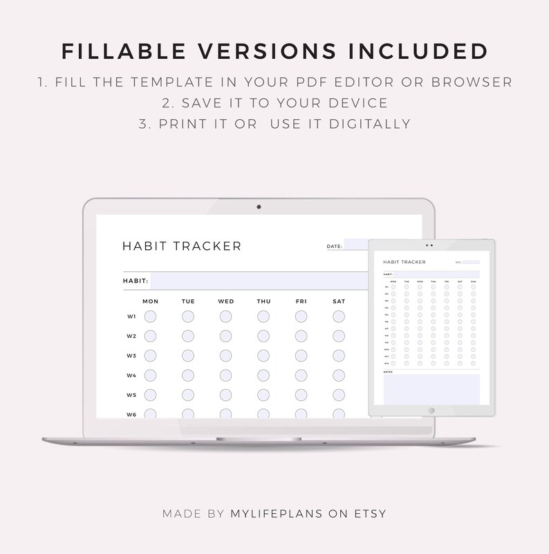 K&ouml;nnte beinhalten: Eine digitale druckbare Habit-Tracker-Vorlage, die auf einem Laptop und einem Tablet angezeigt wird. Die Vorlage enth&auml;lt einen Bereich f&uuml;r den Habit-Namen, das Datum und ein Raster zur Verfolgung des Fortschritts &uuml;ber sechs Wochen.