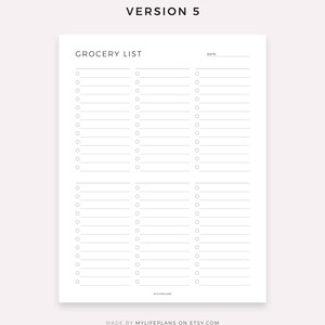 Op de afbeelding: Een afdrukbare boodschappenlijst-sjabloon met de titel "Grocery List" en een ruimte voor de datum. De sjabloon heeft drie kolommen met selectievakjes en regels om items te schrijven.