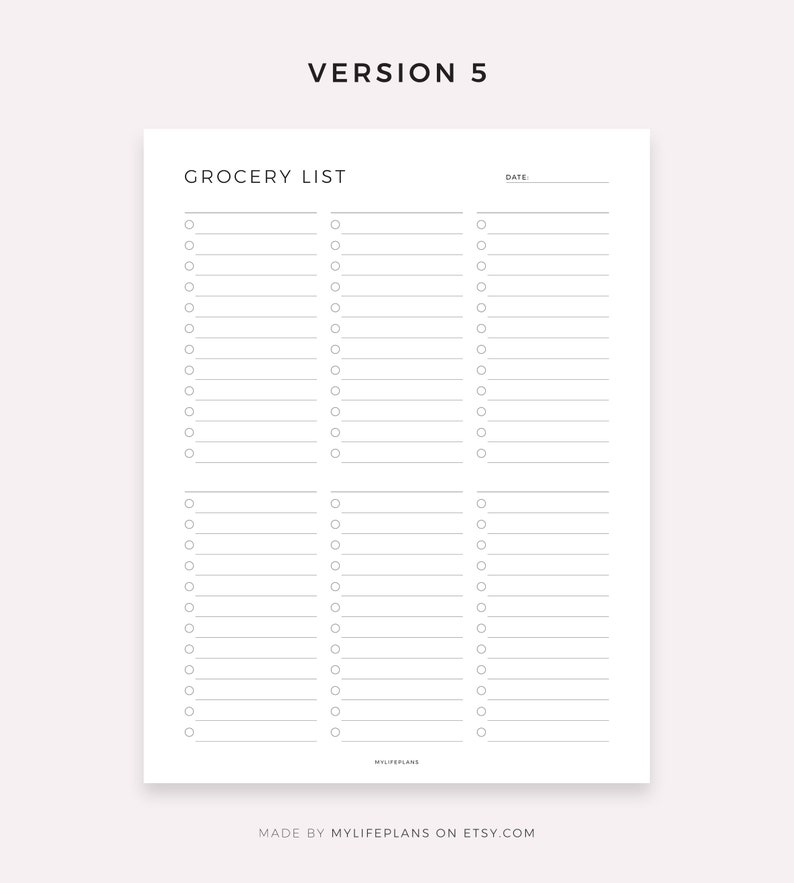 Op de afbeelding: Een afdrukbare boodschappenlijst-sjabloon met de titel "Grocery List" en een ruimte voor de datum. De sjabloon heeft drie kolommen met selectievakjes en regels om items te schrijven.