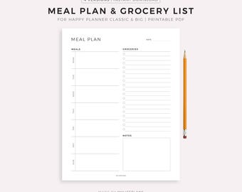 Weekly Meal Planner with Grocery List Printable Template for Happy Planner Classic & Big, Instant Download PDF
