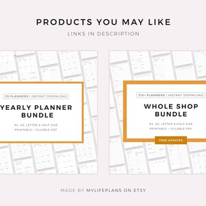 May include: Two digital product listings for printable planners. The left listing is for a yearly planner bundle with 35 planners in A4, A5, letter, and half sizes. The right listing is for a whole shop bundle with 215+ planners in A4, A5, letter, and half sizes. Both listings are for instant download and include free updates.