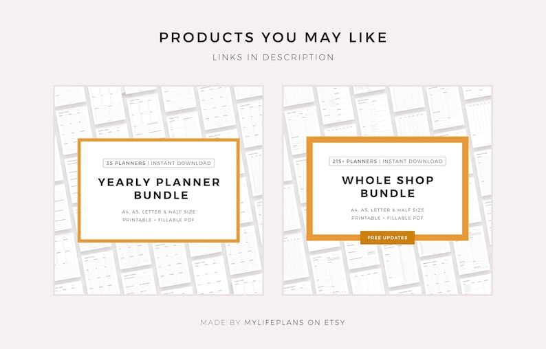 May include: Two digital product listings for printable planners. The left listing is for a yearly planner bundle with 35 planners in A4, A5, letter, and half sizes. The right listing is for a whole shop bundle with 215+ planners in A4, A5, letter, and half sizes. Both listings are for instant download and include free updates.