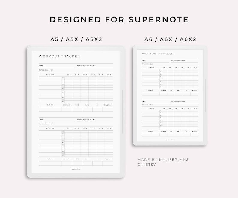 Puede incluir: Dos plantillas de seguimiento de entrenamiento imprimibles dise&ntilde;adas para cuadernos digitales Supernote. Las plantillas est&aacute;n disponibles en los tama&ntilde;os A5, A5X, A5X2, A6, A6X y A6X2. Las plantillas incluyen secciones para la fecha, el enfoque de entrenamiento, los ejercicios, las series, las repeticiones, el cardio, la distancia, el tiempo, el ritmo, la frecuencia card&iacute;aca y las calor&iacute;as.