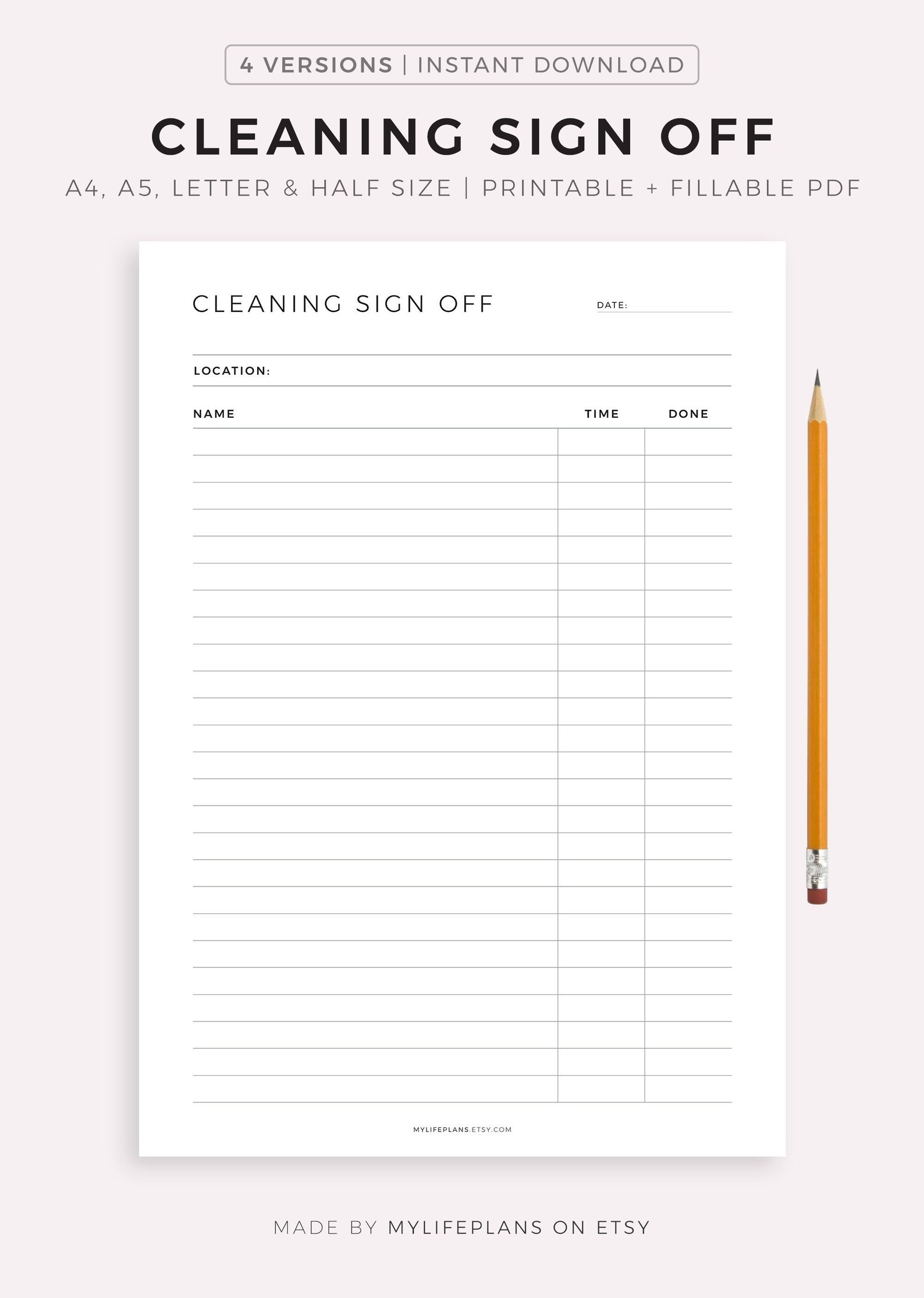 Cleaning Sign Off Sheet Printable