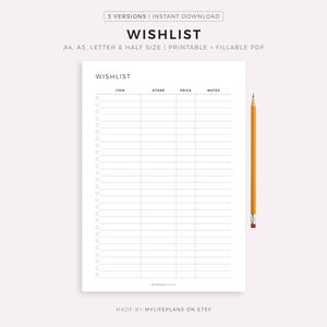 Wishlist Page Printable & Fillable, Holiday Wishlist Template, Birthday Wishlist, Shopping Wish List, Gifts for Me, A4/A5/Letter/Half