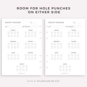 May include: Printable water tracker with a simple design. The tracker has a space for a daily goal, a section for each day of the week, and a space to note how many ounces each drop represents. The tracker is designed to be punched with holes on either side.