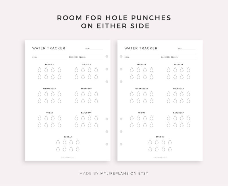 May include: Printable water tracker with a simple design. The tracker has a space for a daily goal, a section for each day of the week, and a space to note how many ounces each drop represents. The tracker is designed to be punched with holes on either side.