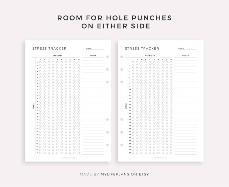 May include: Printable stress tracker with a grid of circles for rating stress levels from 1 to 10, with space for notes and dates. The tracker is designed to be punched for use in a planner or binder.