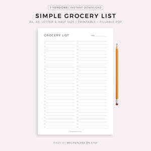 Op de afbeelding: Een witte, afdrukbare boodschappenlijst met een eenvoudig ontwerp, met lijnen en cirkels voor selectievakjes. De tekst "SIMPLE GROCERY LIST" staat bovenaan. Een gele potlood ligt aan de rechterkant van de pagina.