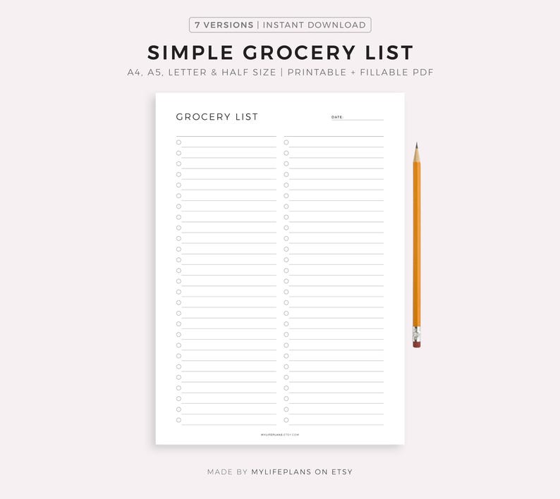 K&ouml;nnte beinhalten: Eine wei&szlig;e, bedruckbare Einkaufsliste mit einfachem Design, mit Linien und Kreisen f&uuml;r Kontrollk&auml;stchen. Der Text "SIMPLE GROCERY LIST" steht oben. Ein gelber Bleistift liegt auf der rechten Seite der Seite.