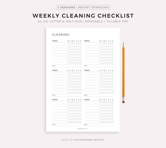 Printable Weekly Cleaning Checklist, Cleaning To Do List, Cleaning Tasks, Cleaning Template, A4/A5/Letter/Half Size, Instant Download PDF
