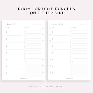 May include: Printable meal planner with two pages, each with a section for meals, groceries, and notes. The pages are designed for a planner with hole punches on either side.