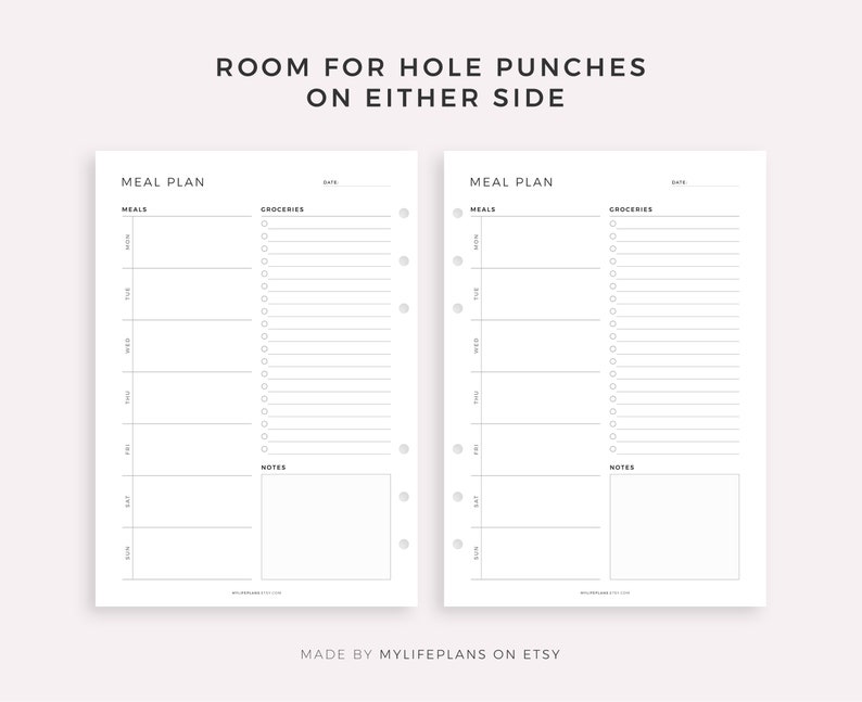 May include: Printable meal planner with two pages, each with a section for meals, groceries, and notes. The pages are designed for a planner with hole punches on either side.