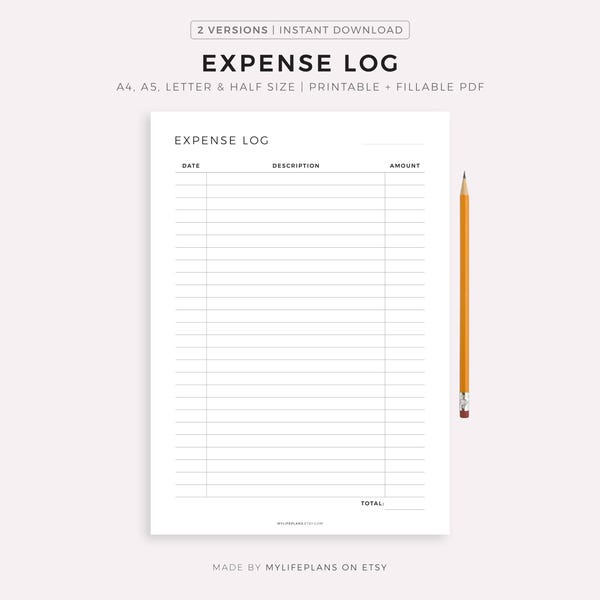 Expense Log, Spending Tracker, Expense Tracker, Budget Template, A4/A5/Letter/Half Size, Printable & Fillable, Instant Download PDF