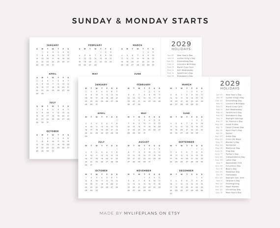 2029年カレンダー（祝日1ページ付き）、印刷可能、横長、壁掛け