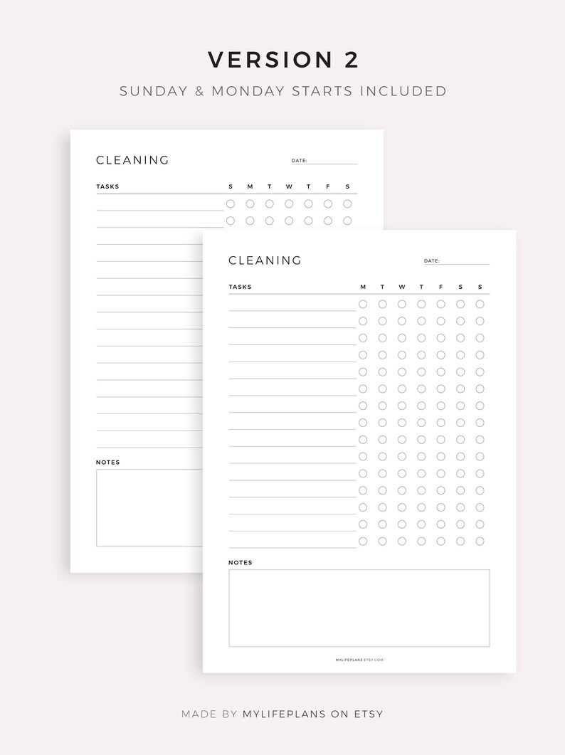 May include: Printable cleaning checklist with a daily, weekly, and monthly schedule. The checklist includes a section for tasks, notes, and a calendar grid with checkboxes for each day of the week.