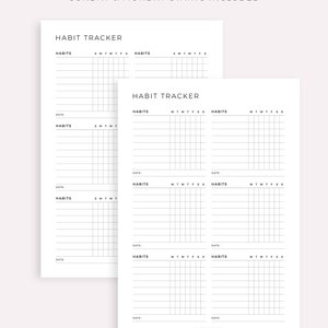 May include: Two white habit tracker sheets with the text "VERSION 2" and "SUNDAY & MONDAY STARTS INCLUDED". Each sheet has a grid for tracking habits, with sections for "HABITS" and days of the week.