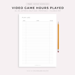 Video Game Hours Played Tracker Printable & Fillable PDF, A4/A5/Letter/Half Size, Instant Download