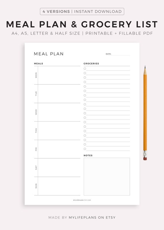 Weekly Meal Plan, Printable Meal Planner Template, Grocery