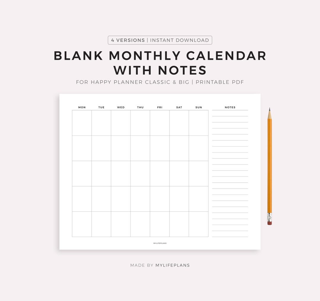 Blank Monthly Calendar With Notes Landscape, Printable Calendar ...