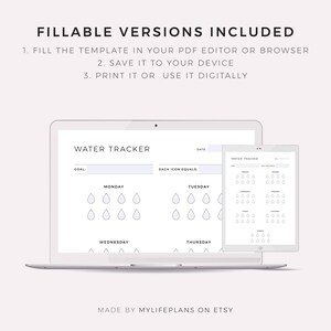 May include: A printable water tracker with a simple design. The tracker includes a section for daily water intake, with each icon representing a certain amount of water. The tracker also includes a section for setting a daily goal.