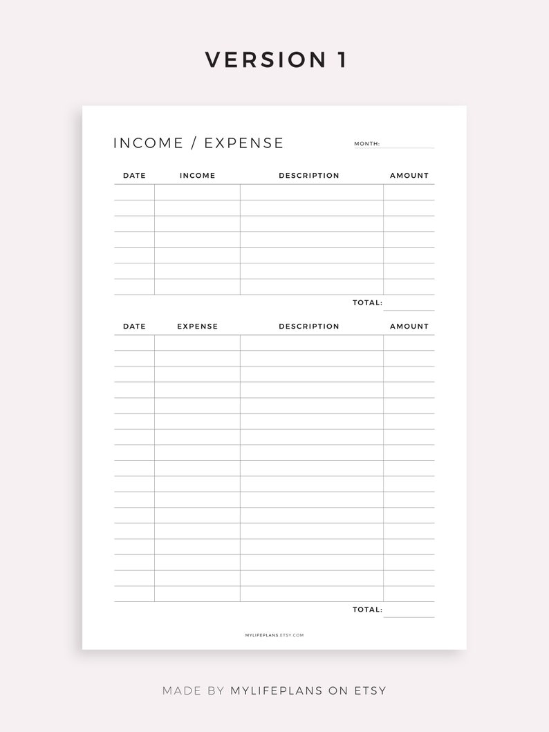 Op de afbeelding: Een printbare budgettracker met secties voor inkomsten en uitgaven. De tracker bevat kolommen voor datum, beschrijving en bedrag. De tekst "VERSION 1" staat bovenaan de pagina.