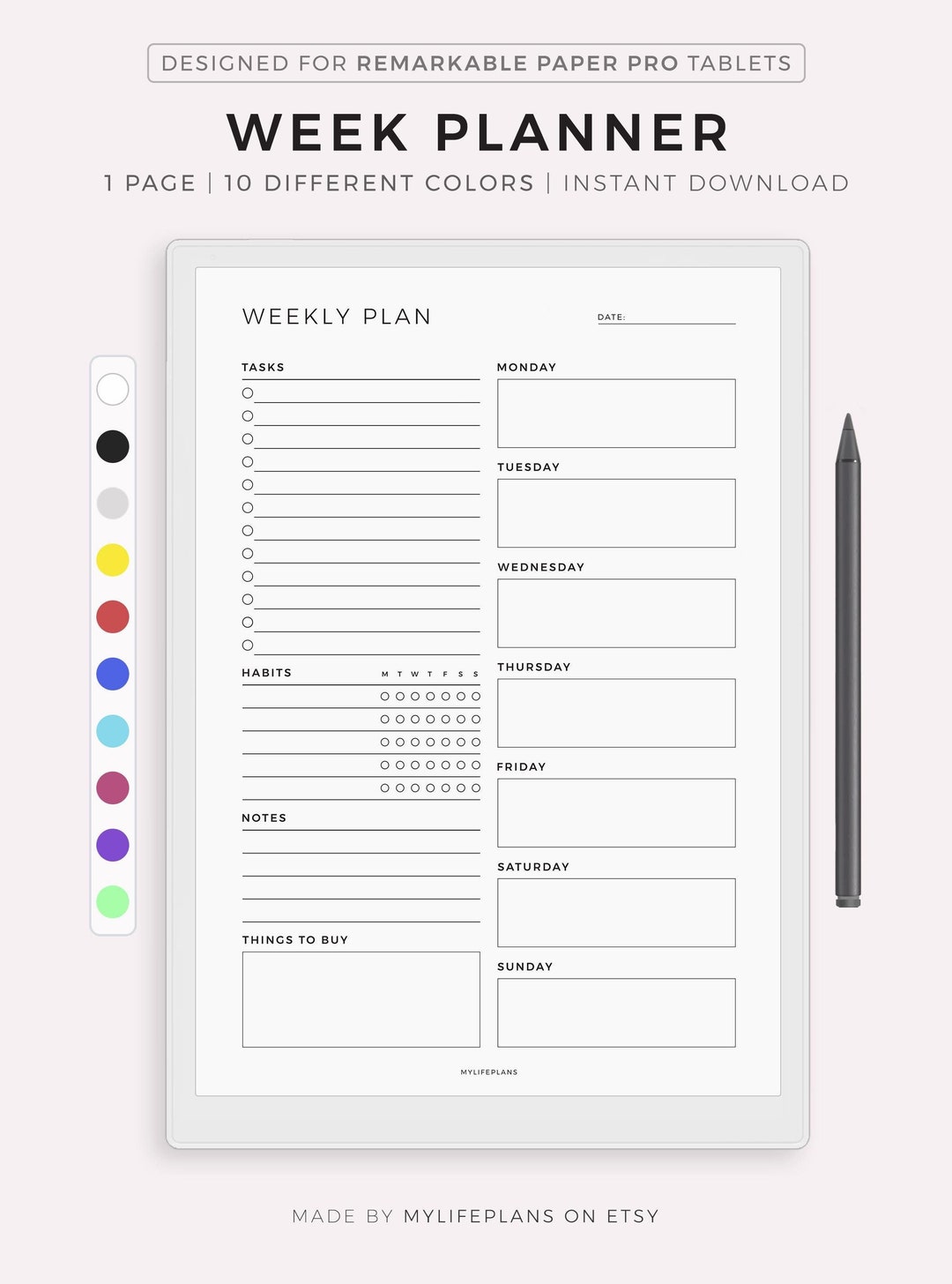 Weekly Planner for Remarkable Paper Pro, Sunday & Monday Start, Instant ...