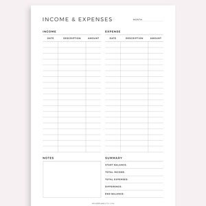 May include: A printable budget tracker with sections for income and expenses. The tracker includes columns for date, description, and amount. There are also sections for notes and a summary of the month's finances.