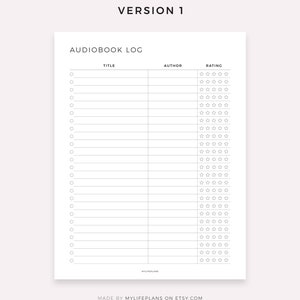 May include: A printable audiobook log with columns for title, author, and rating. The rating column has a row of five stars for each entry.