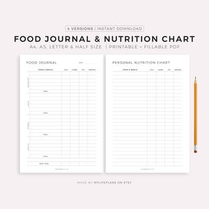 Afdrukbare sjabloon dagelijkse voedingsdagboek en voedingsgrafiek, voedsellogboek, maaltijdtracker, dieetfitnessplanner, A4/A5/Letter/Half, Instant Download