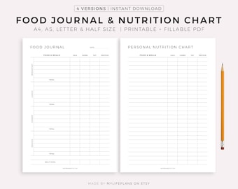 Daily Food Journal & Nutrition Chart Printable Template, Food Log, Meal Tracker, Diet Fitness Planner, A4/A5/Letter/Half, Instant Download