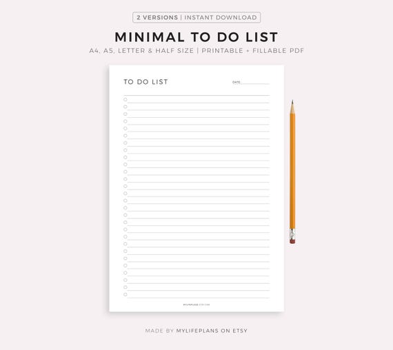Minimal To Do List Printable, Simple Tasks List Template, A4/A5/Letter/Half, Printable & Fillable PDF