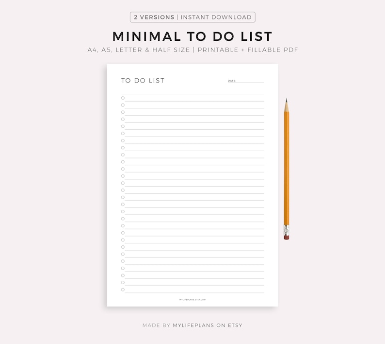 Lista de tareas mínima imprimible, plantilla de lista de tareas sencillas, tamaño A4/A5/carta/media página, PDF imprimible y rellenable. imagen 1
