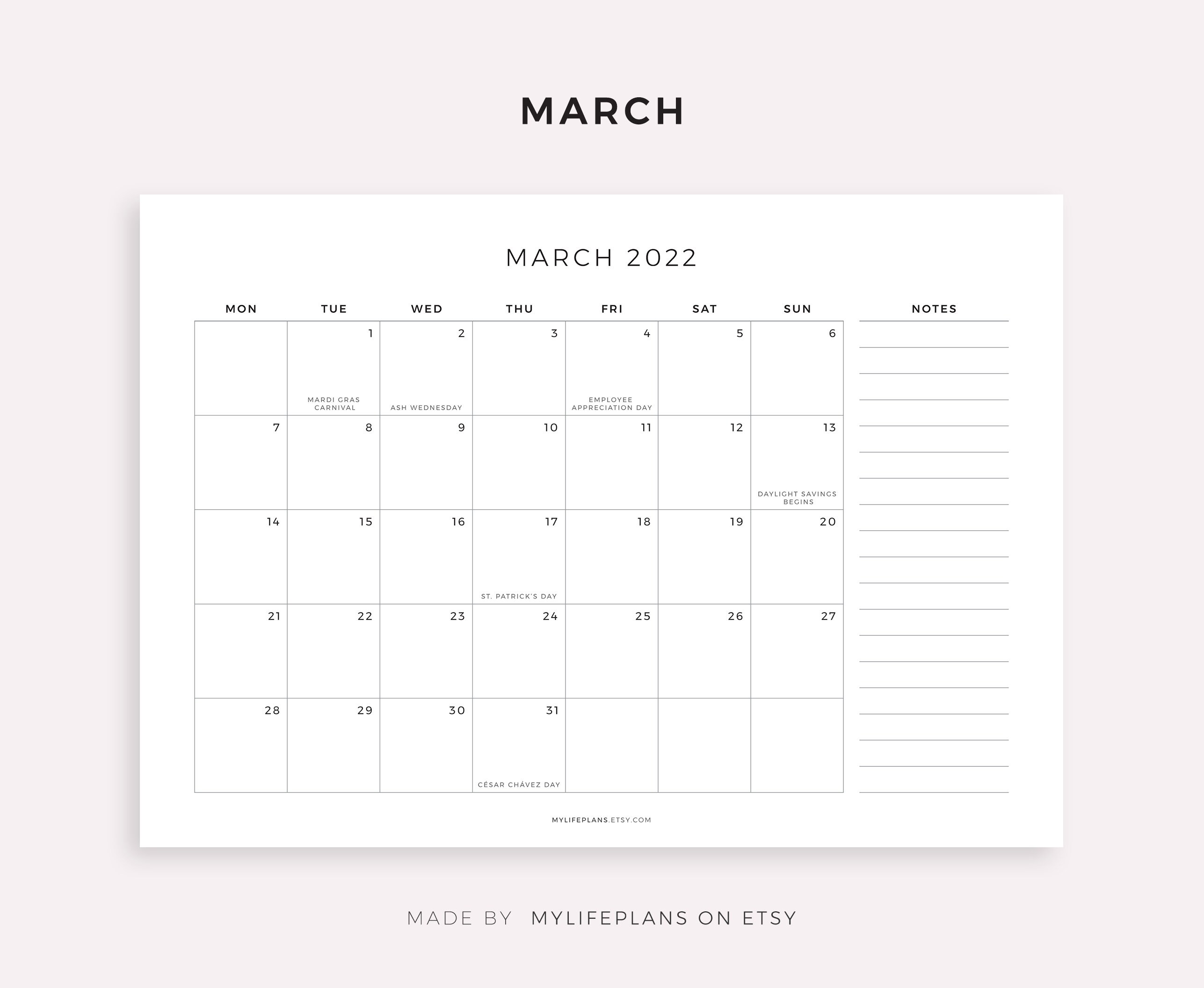 2022 Monthly Calendar With Holidays And Notes Printable Etsy