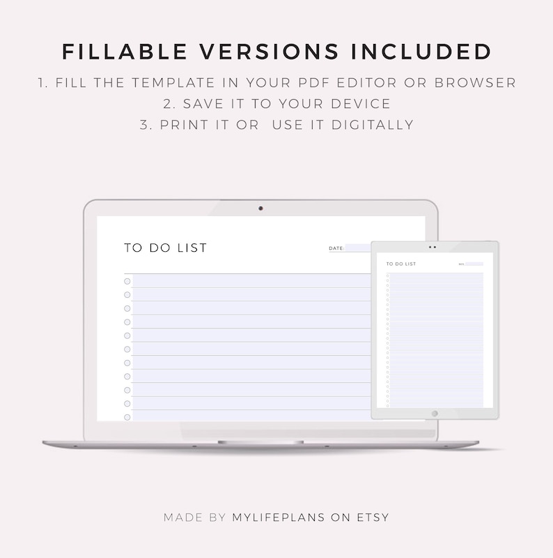 Puede incluir: Una plantilla de lista de tareas digital que se muestra en una computadora port&aacute;til y una tableta. La plantilla tiene un dise&ntilde;o simple con un fondo blanco y texto negro. El texto "TO DO LIST" est&aacute; en la parte superior de la plantilla, seguido de una lista de l&iacute;neas en blanco para que los usuarios puedan completar sus tareas. La plantilla tambi&eacute;n incluye un espacio para la fecha.