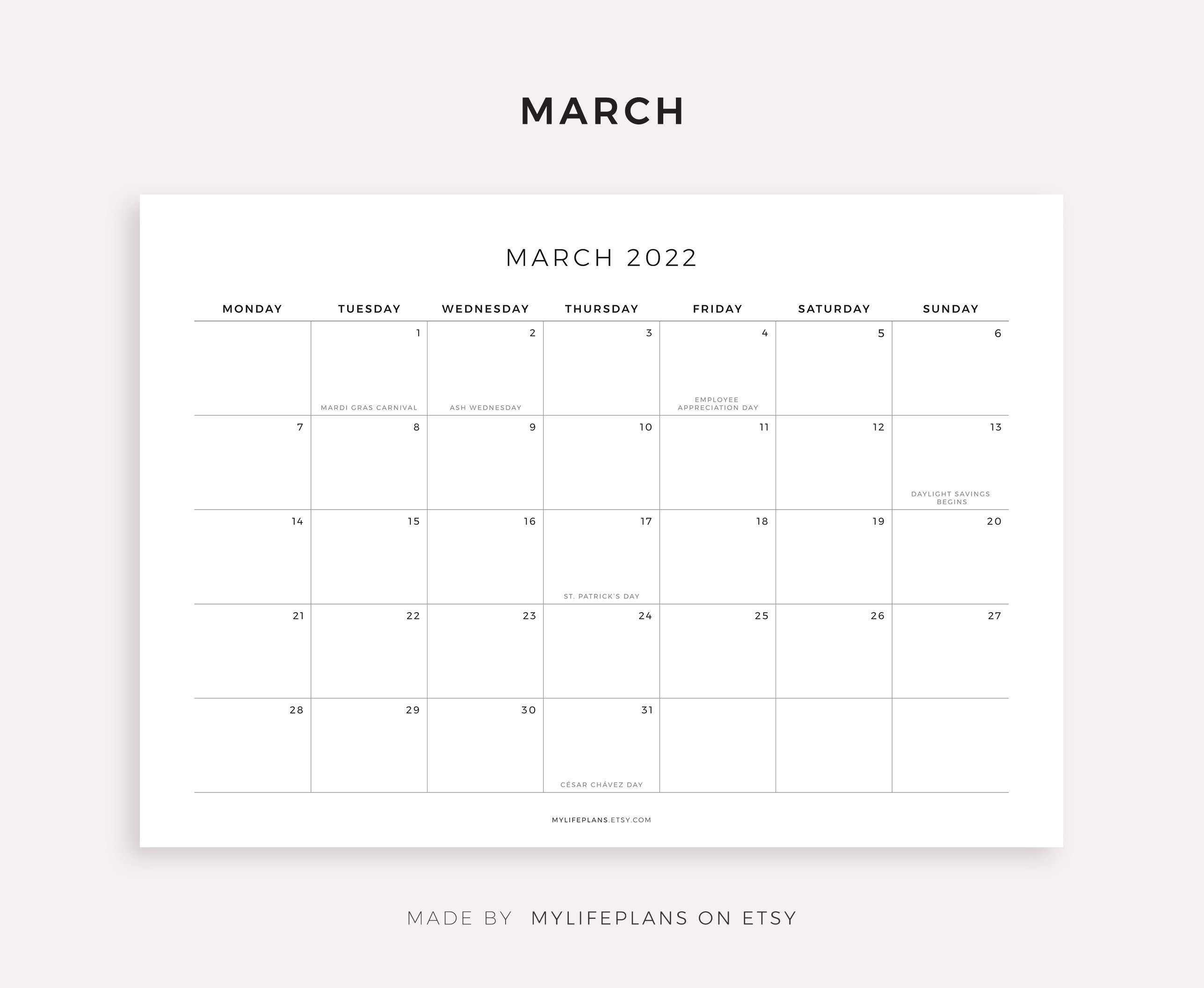 2022 monthly calendar with holidays printable calendar etsy