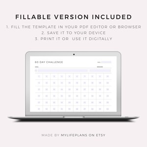 May include: A laptop computer displaying a printable 60-day challenge tracker. The tracker has a space for a goal, a reward, and a date. The tracker is divided into 60 squares, numbered 1 through 60.
