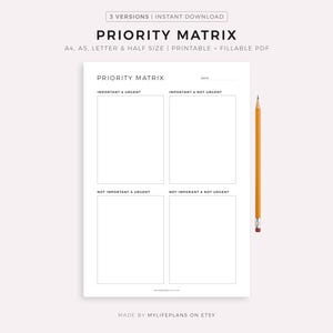 Matrice des priorités imprimable, matrice de décision, matrice d'Eisenhower, agenda de mes priorités, A4/A5/Lettre/Demi, téléchargement immédiat PDF